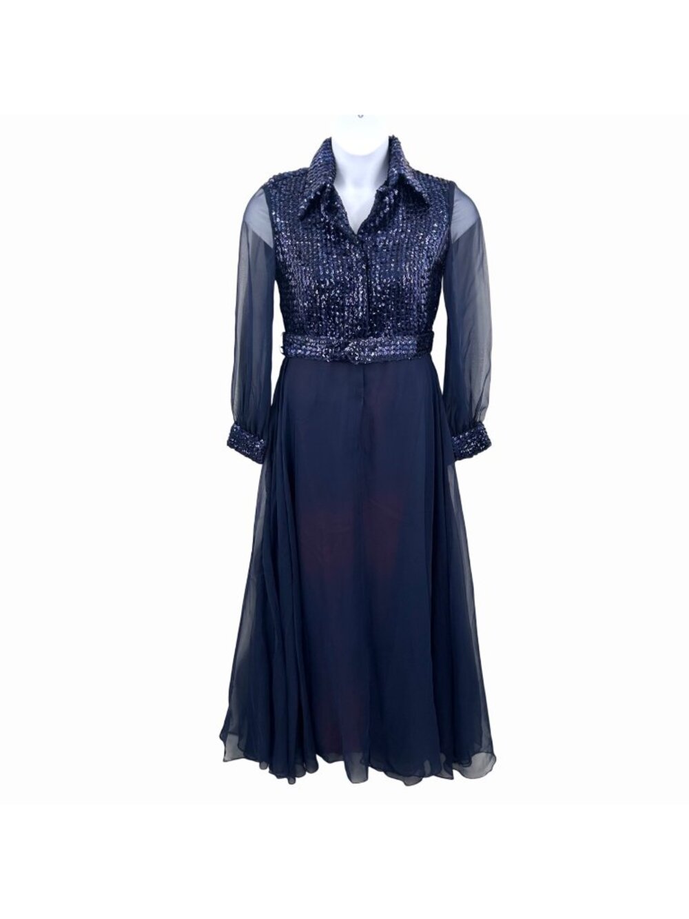 VINTAGE RONA NEW YORK BLUE SEQUIN CHIFFON FORMAL HOLIDAY DRESS - 14